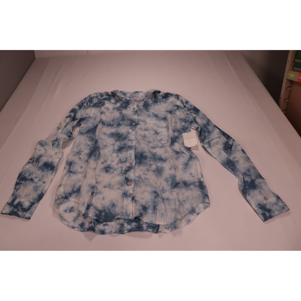Faherty Blue White Tie Dye Linen Button Up Shirt Womens XS Long Sleeve Pocket